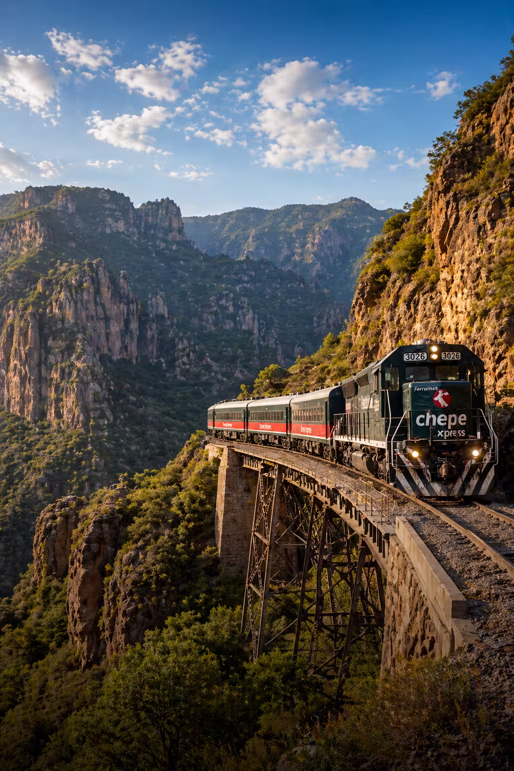 Chepe Express atravesando la Sierra Tarahumara rumbo a Los Mochis.