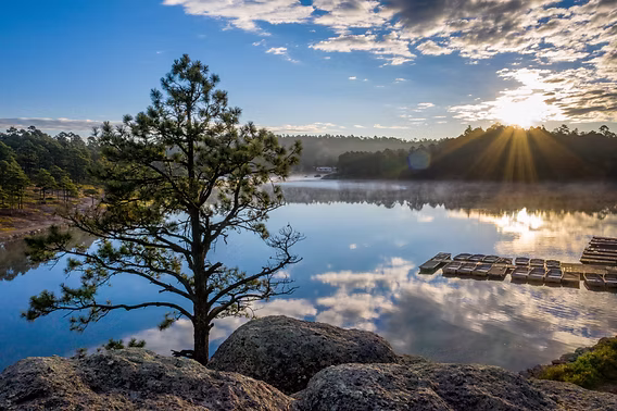 Lago de Arareko rodeado de bosque en los alrededores de Creel.
